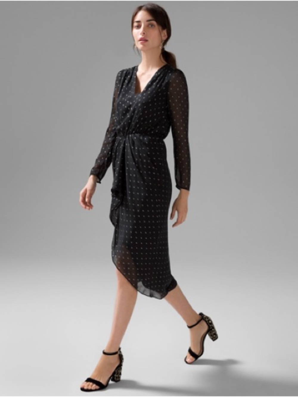 White House Black Market Black Sheer Polka Dot Midi Dress